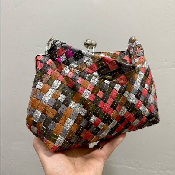 Colorful Genuine Woven Leather Kisslock Crossbody Box Bag,  Includes 2 Straps - Picture 8 of 16